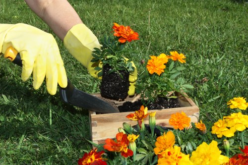Garden maintenance crew preparing materials for site work